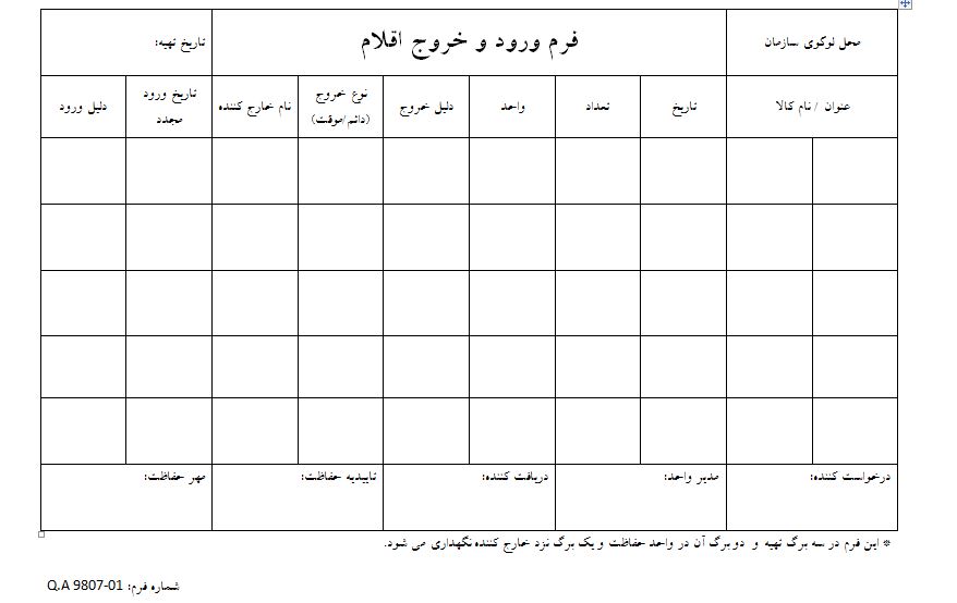 دستورالعمل ورود و خروج اقلام بر اساس استاندارد